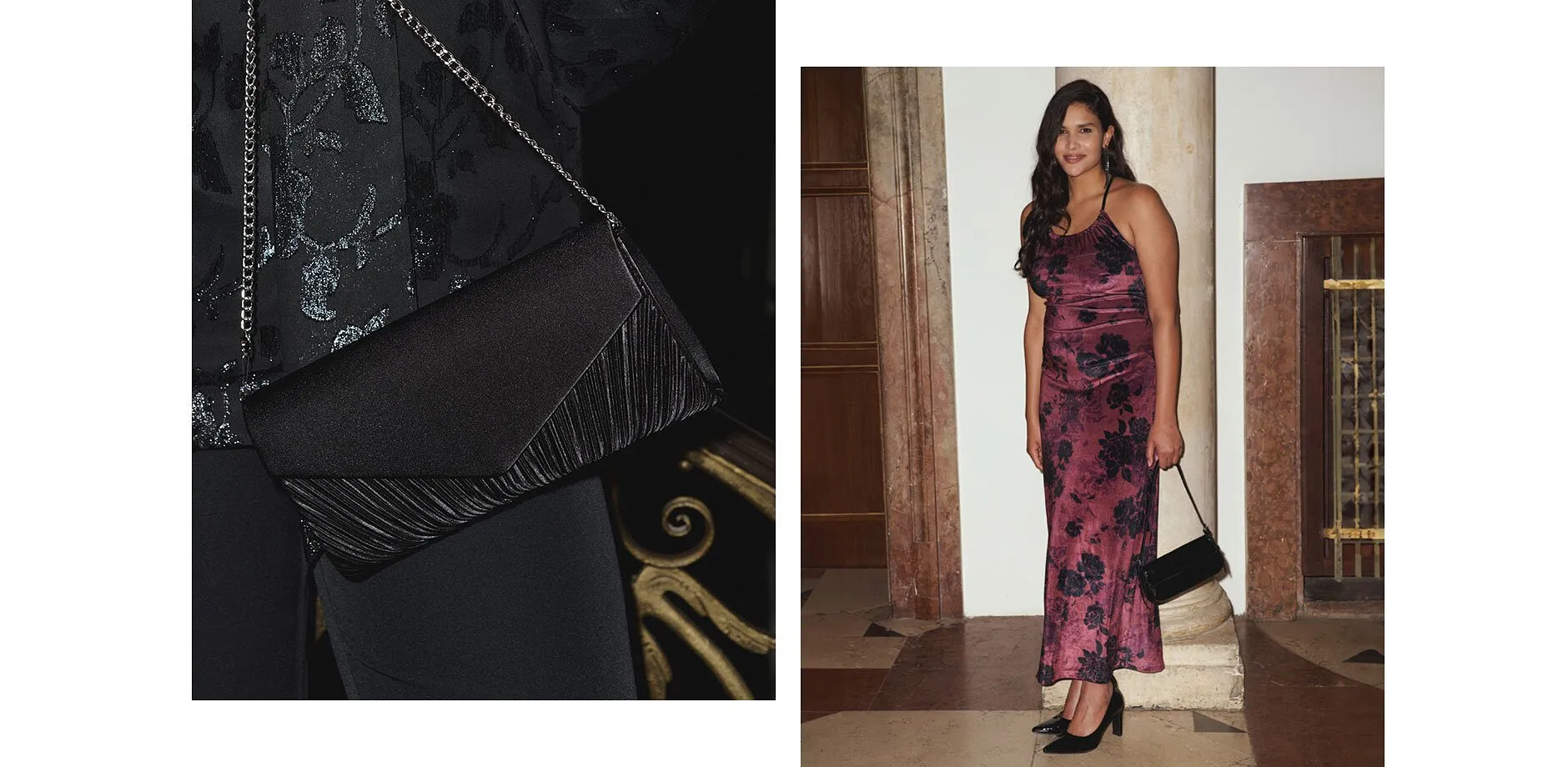 Tendance - Robe longue en velours brillant - bordeaux floral