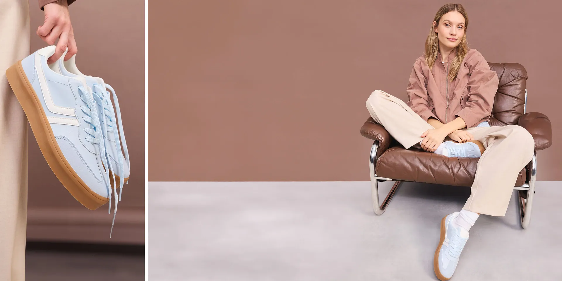 Veste marron associée à un pantalon beige et des sneakers bleu clair.