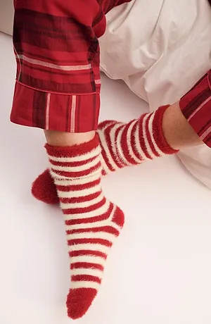 Femme - Lot de 2 paires de chaussettes douillettes - rouge foncé/blanc rayé + rouge foncé
