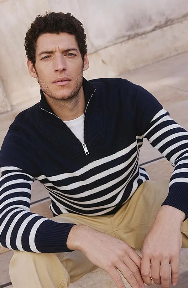 Homme - Pull camionneur, coupe Regular - bleu foncé/écru rayé