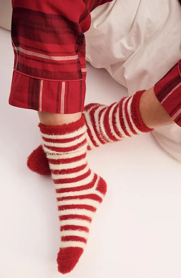 Femme - Lot de 2 paires de chaussettes douillettes - rouge foncé/blanc rayé + rouge foncé