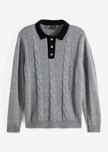 Pull mode à motif avec col polo de coloris contrastant gris chiné