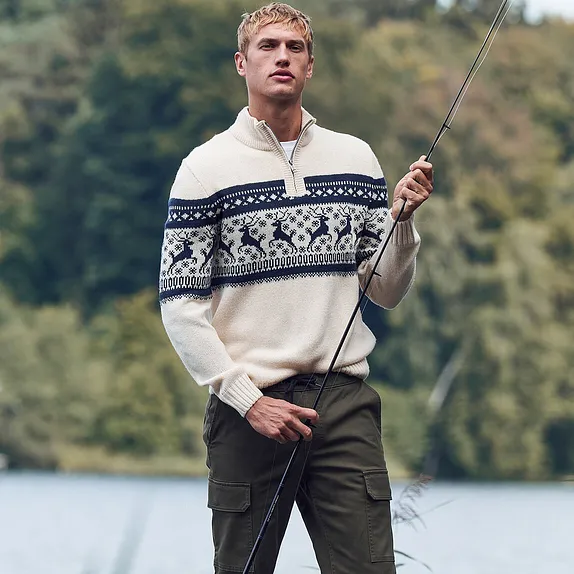 Homme - Pull norv&eacute;gien &agrave; col camionneur - naturel motif