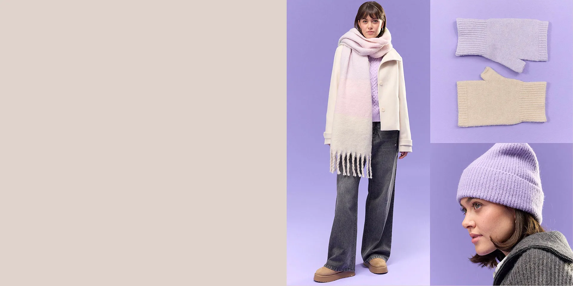 Mode hiver en teintes pastel : écharpe moelleuse, pull douillet et bonnet chaud pour la saison froide.