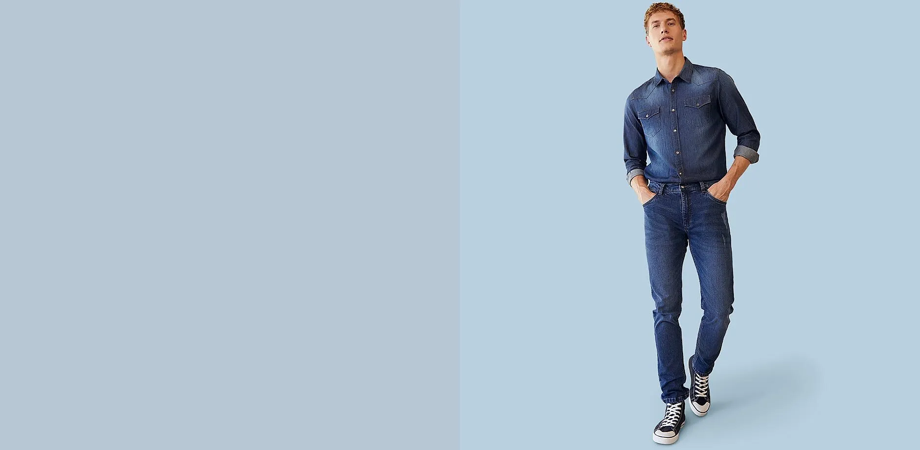 Le look denim décontracté : chemise en jean bleu foncé coordonnée à un jean Slim Fit.