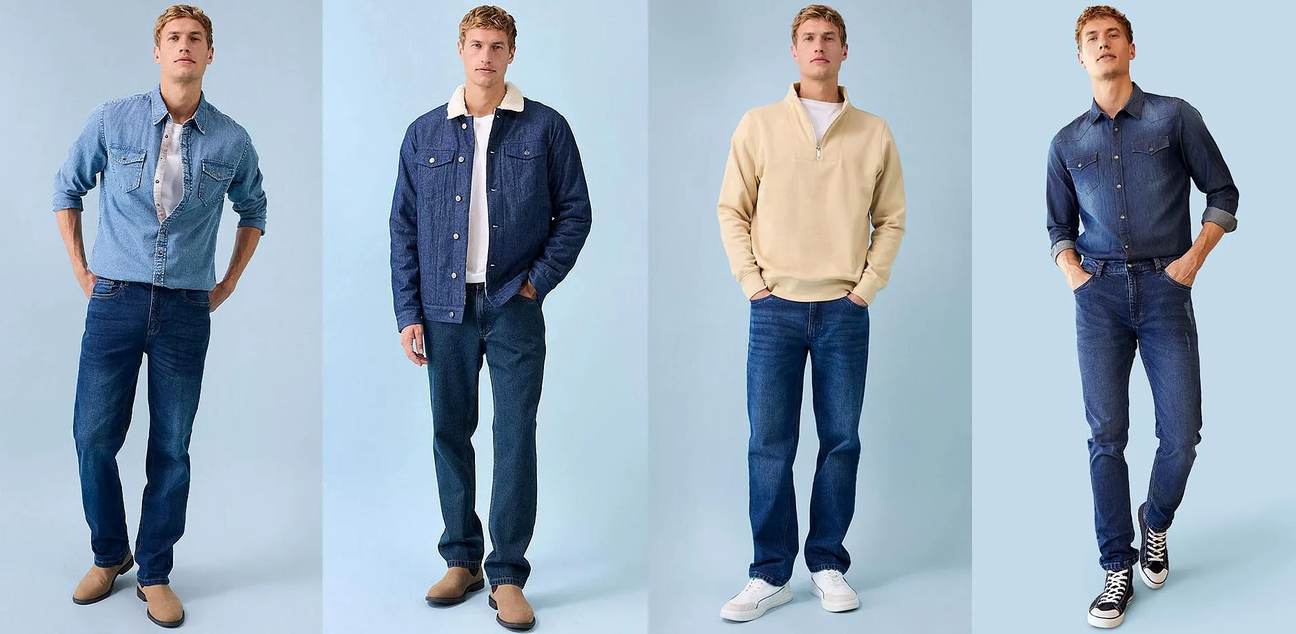 Looks en jeans variés : de la chemise classique au pull décontracté, en passant par la veste. Vêtements mode et intemporels en denim pour homme.
