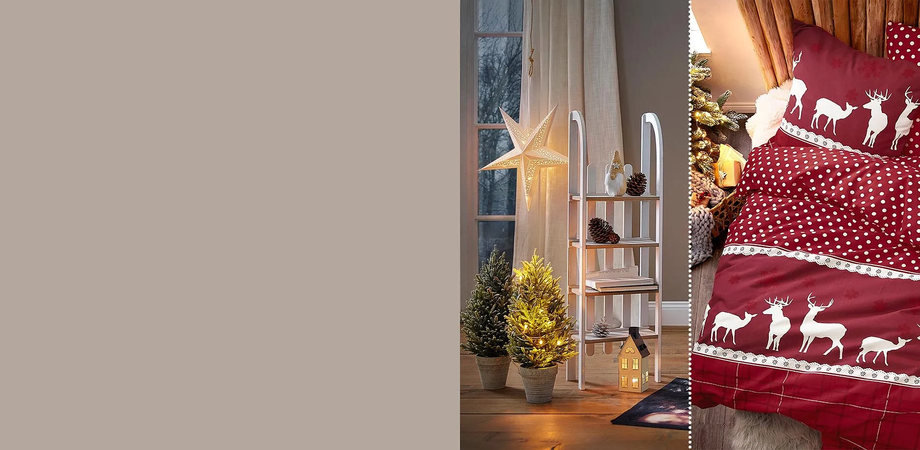 Décorations d'hiver et parure de lit douillette en rouge bordeaux avec des rennes blancs.