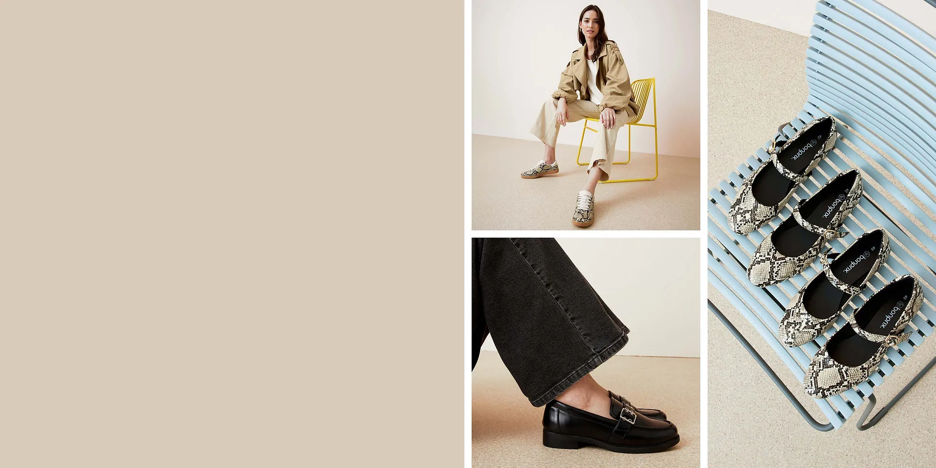 Sneakers d&eacute;contract&eacute;es, mocassins chics et ballerines &agrave; motifs.