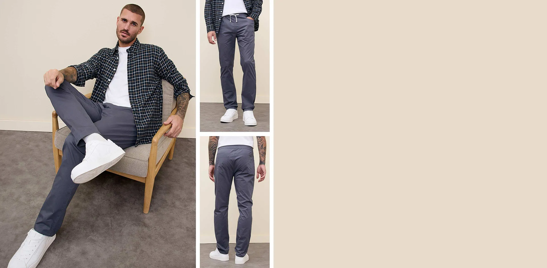 Chemise &agrave; carreaux, T-shirt blanc et pantalon gris &agrave; taille confortable.