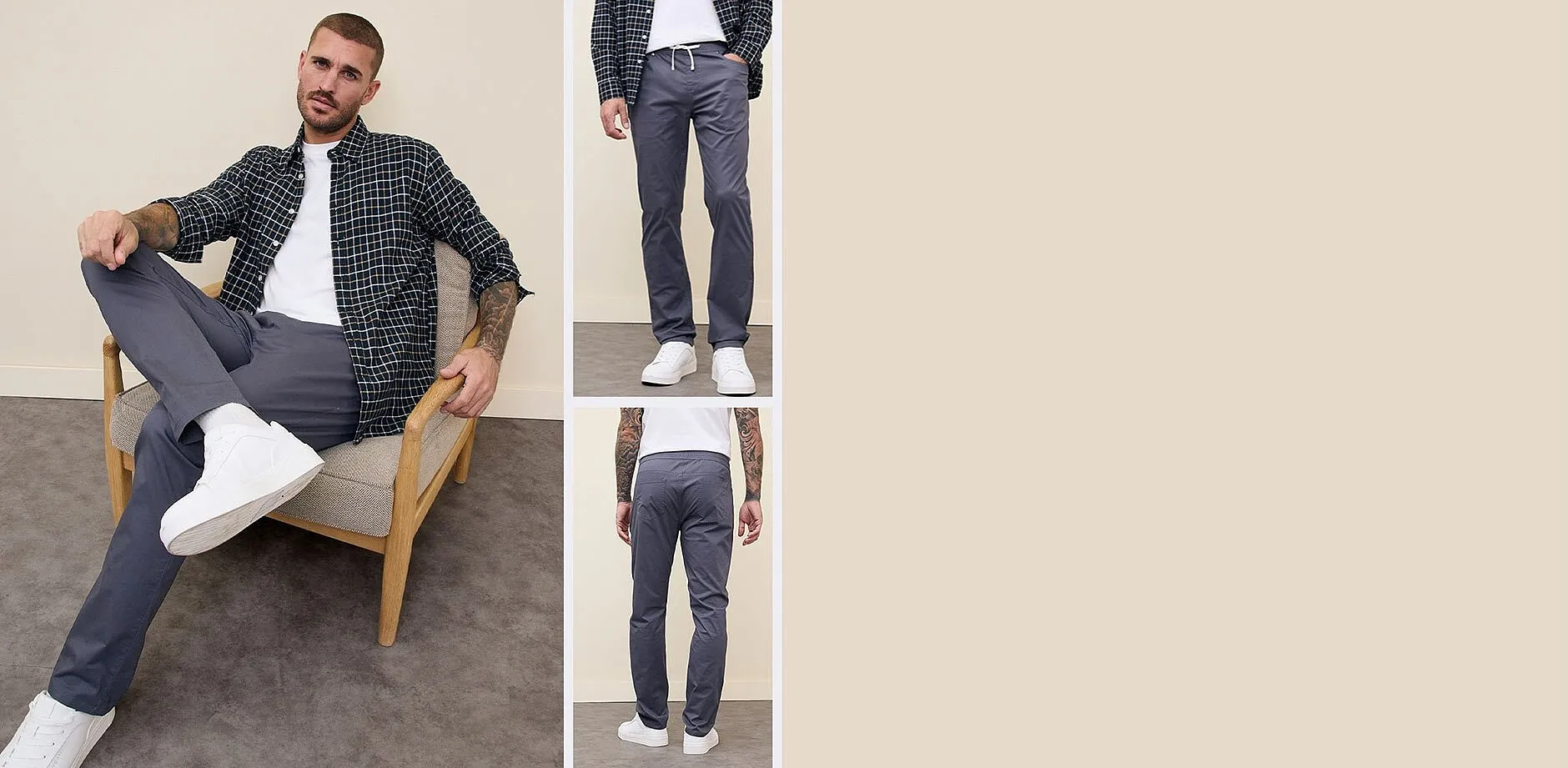 Chemise &agrave; carreaux, T-shirt blanc et pantalon gris &agrave; taille confortable.