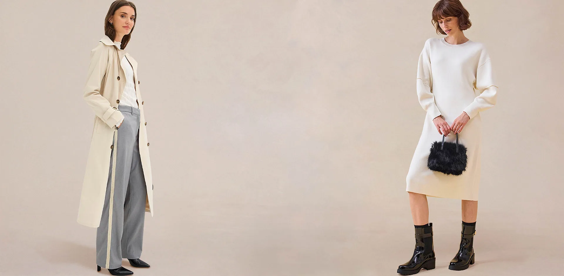 Robe en maille &eacute;l&eacute;gante couleur cr&egrave;me vs pull &agrave; col roul&eacute; et pantalon large.