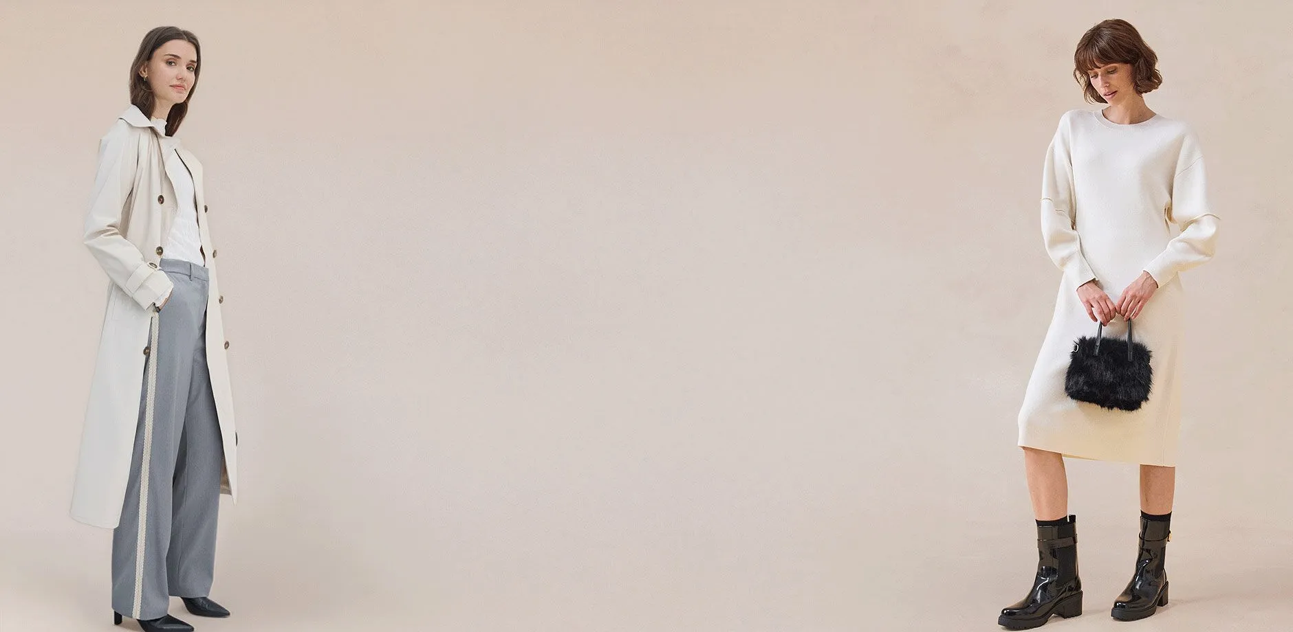 Robe en maille &eacute;l&eacute;gante couleur cr&egrave;me vs pull &agrave; col roul&eacute; et pantalon large.