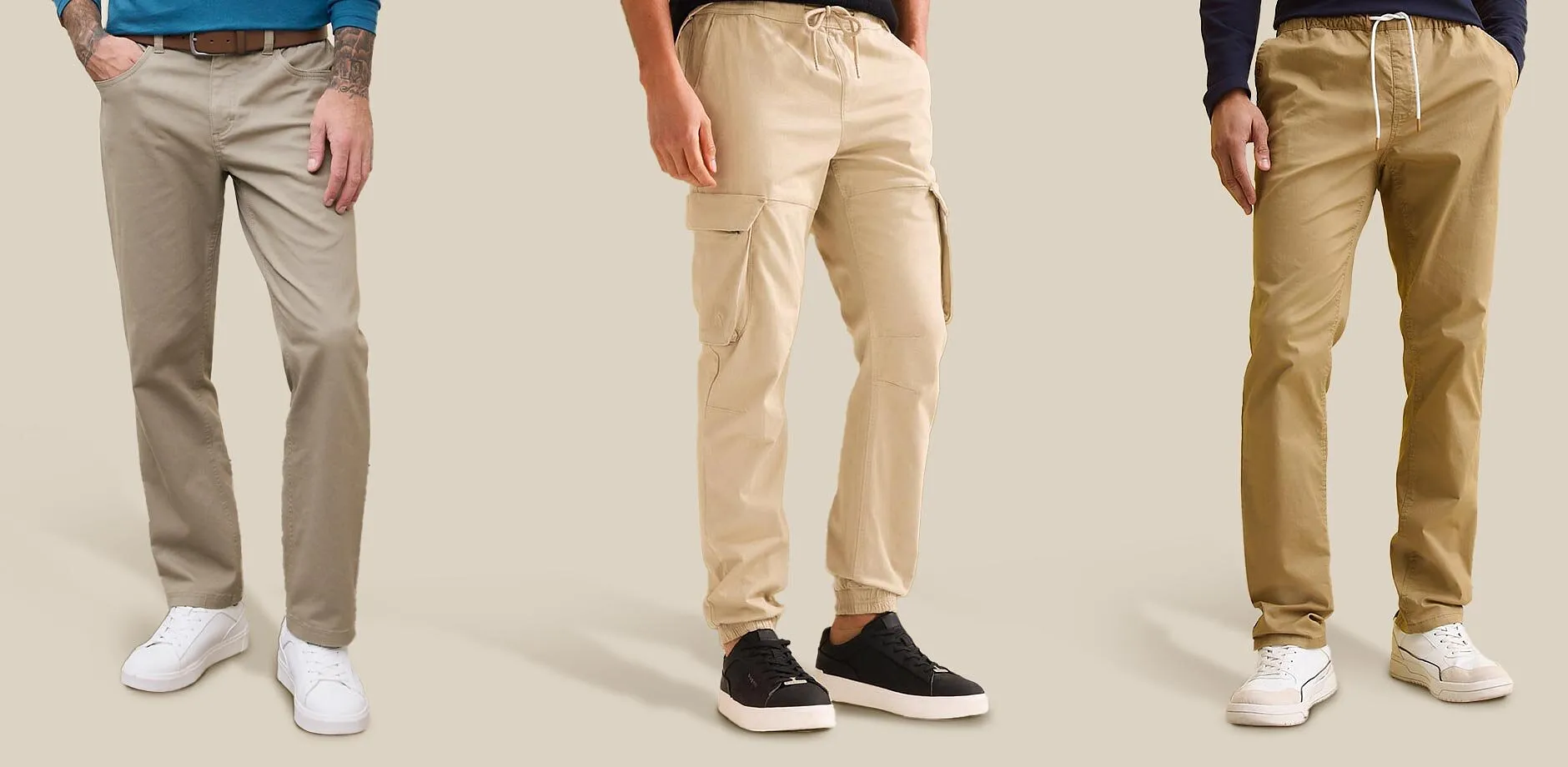 Pantalons beige dans diff&eacute;rentes coupes.