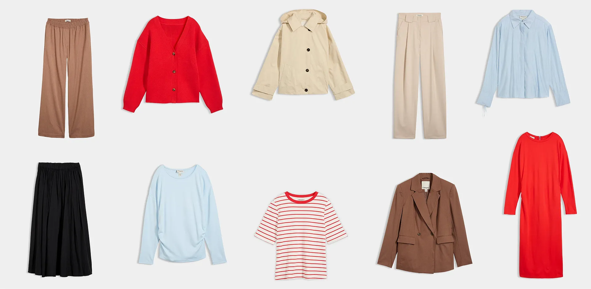 Diff&eacute;rentes pi&egrave;ces de la garde-robe dans des teintes rouge &eacute;clatant, pastel clair et ocre &eacute;l&eacute;gant pour chaque occasion.