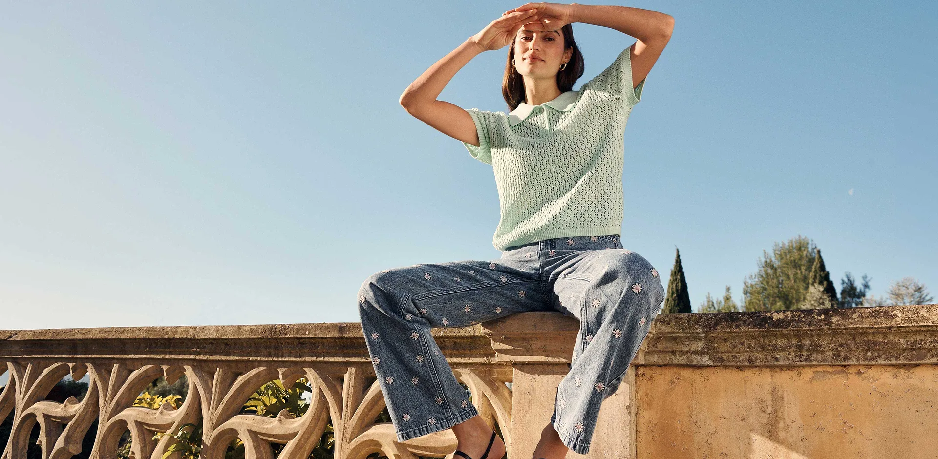 Femme - Jean droit, taille haute - bleu clair denim used