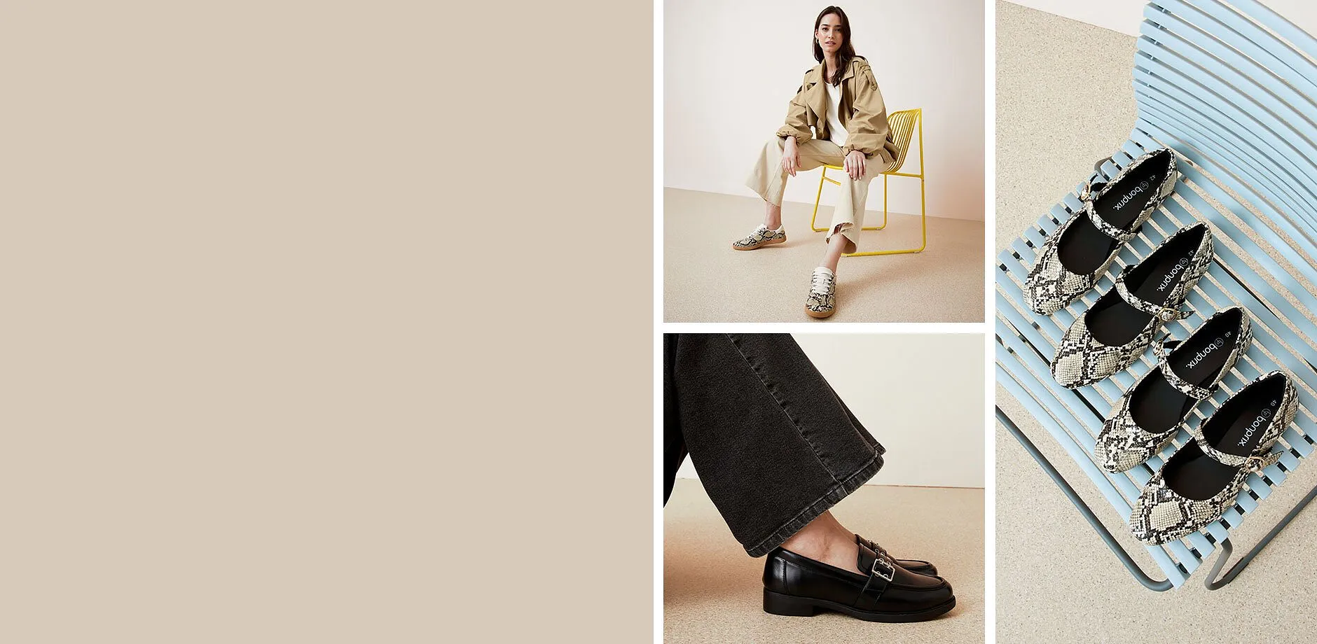 Sneakers d&eacute;contract&eacute;es, mocassins chics et ballerines &agrave; motifs.