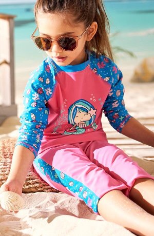 Enfant - T-shirt de bain anti-UV fille - fuchsia/bleu lagon imprimé