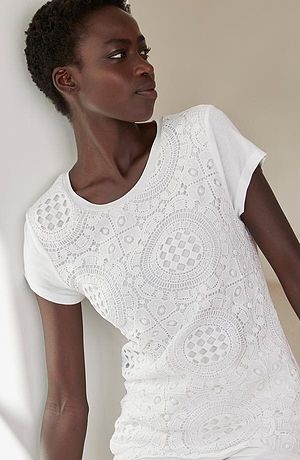 Femme - T-shirt à dentelle crochet - blanc cassé