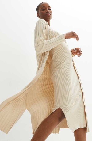 Femme - Long gilet en maille coton et soie - sable chiné