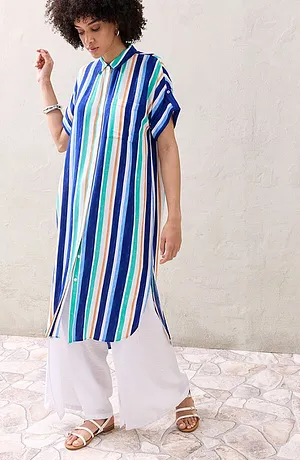 Femme - Robe-chemise en viscose fluide - bleu arctique/bleu clair/blanc rayé