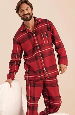 Homme - Pyjama en douce flanelle de coton avec pochette cadeau - rouge foncé carreaux
