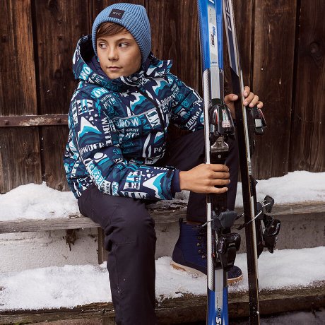 Enfant - Veste de ski graffiti garçon, étanche et coupe-vent - blanc/bleu foncé/turquoise foncé/bleu pétrole imprimé graphique