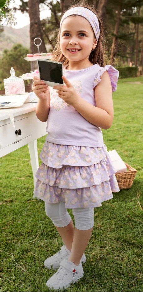 Enfant - T-shirt, jupe, legging 3/4, bandeau de cheveux  (Ens. 4 pces.) fille - mauve tendre/blanc à fleurs