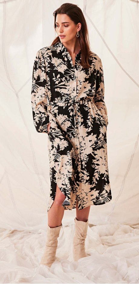 Femme - Robe-chemise en viscose durable - noir/beige galet floral