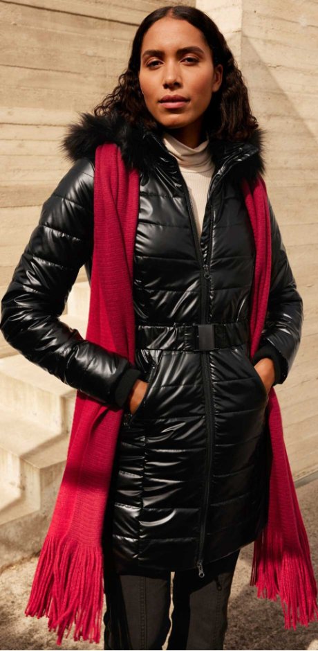 Femme - Manteau d'hiver avec ceinture - noir brillant