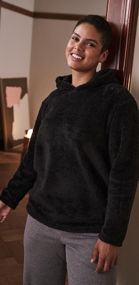 Femme - Pull long en polaire douce, oversized - noir