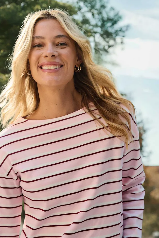 Femme - T-shirt manches longues 100% coton - blanc/rose cristal/rouge rubis