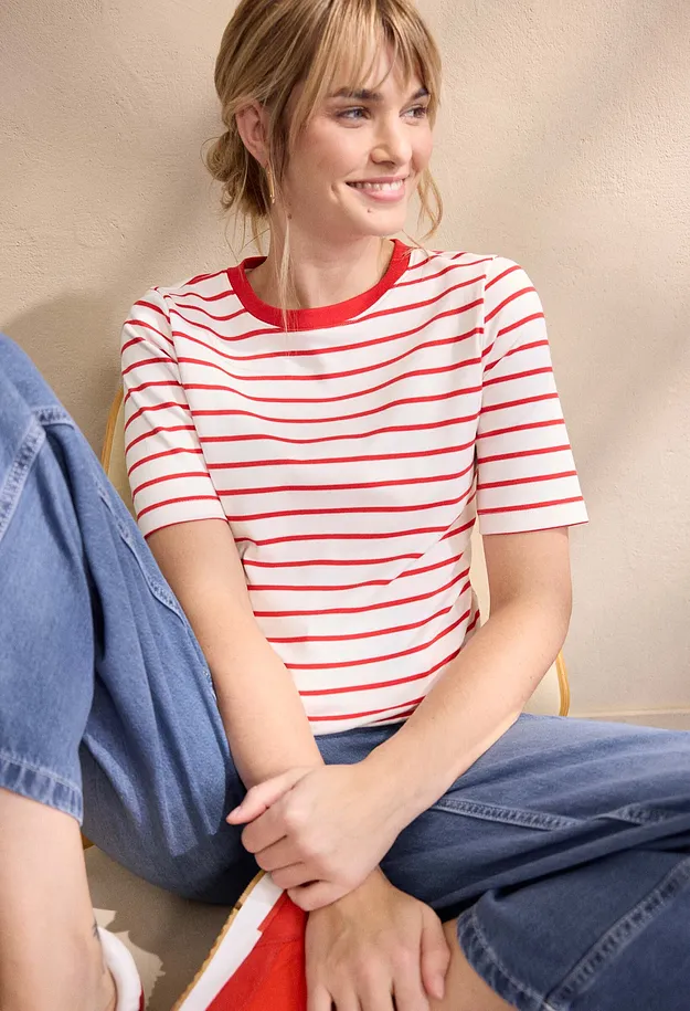 Tendance - T-shirt &eacute;pais 100% coton - blanc cass&eacute;/fraise ray&eacute;