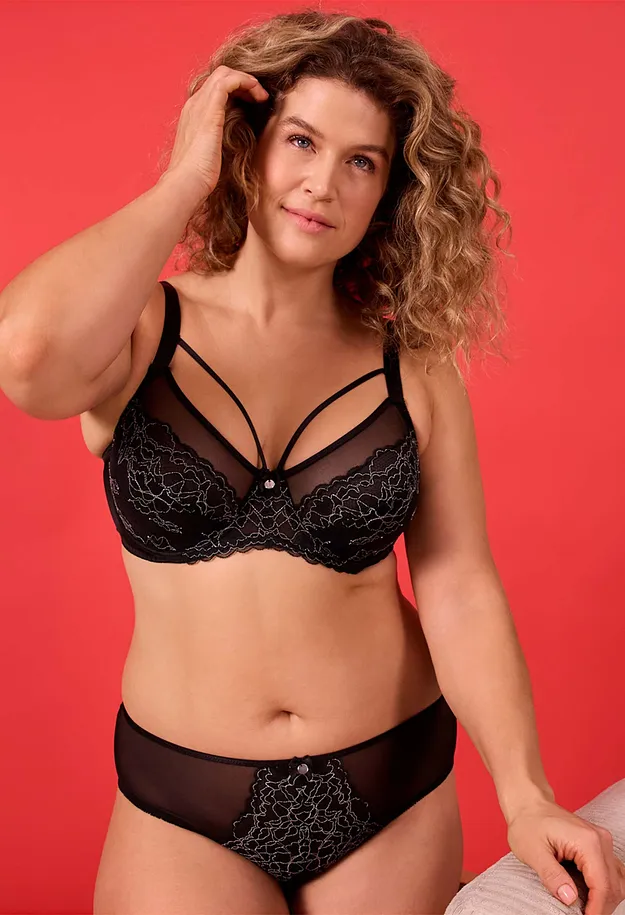 Femme - Soutien-gorge minimiseur avec dentelle - noir/argent&eacute; mat