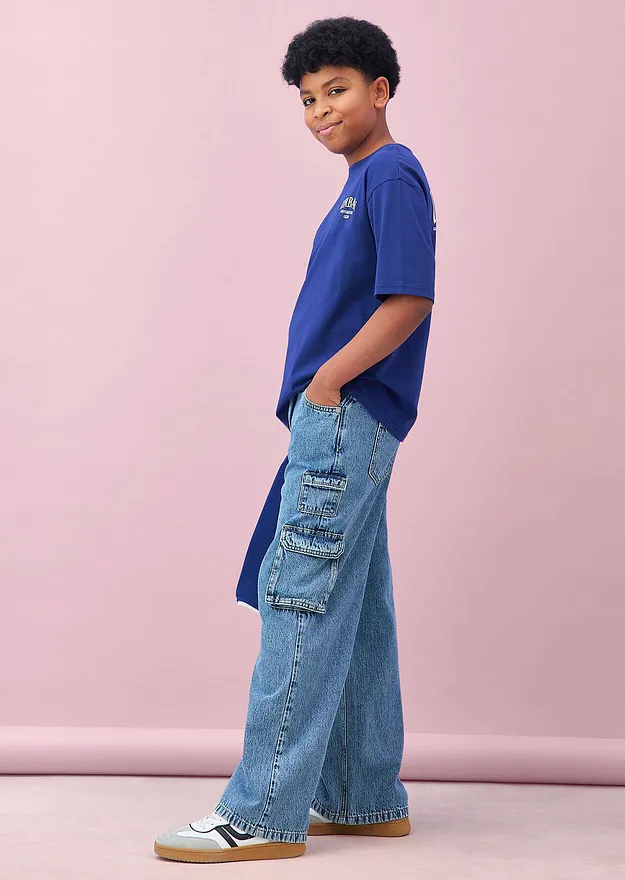 Enfant - T-shirt oversize 100% coton - bleu nuit imprim&eacute;