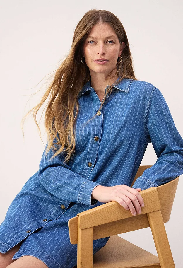 Femme - Robe en jean &agrave; rayures - bleu denim ray&eacute;