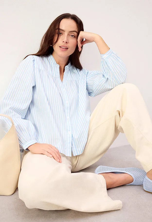 Femme - Chemisier en popeline solide - bleu clair/blanc ray&eacute;