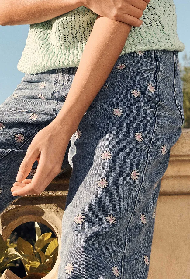 Femme - Jean droit, taille haute - bleu clair denim used