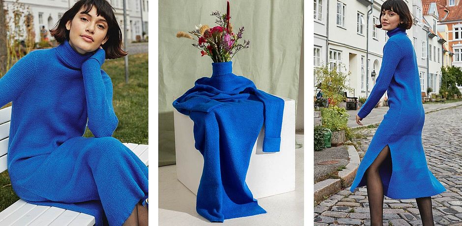 Femme - Robe en maille à col roulé - bleu azur