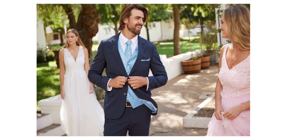 Femme - Costume de marié (ens. 5 pces.) : veste, pantalon, gilet, cravate, pochette - bleu foncé