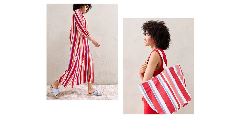 Femme - Robe caftan rayée en viscose texturée - rouge coquelicot/saumon clair/blanc rayé