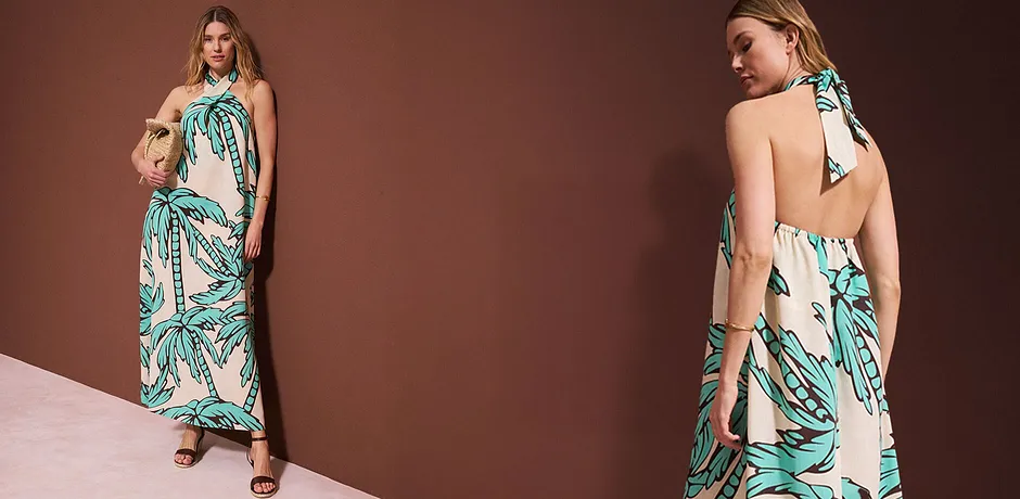 Robe d'été turquoise à motif tropical avec palmiers.