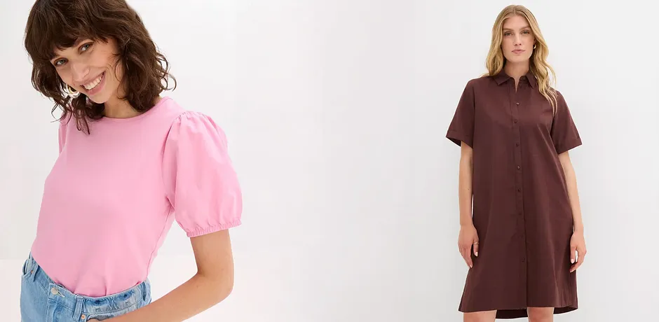 Mannequin en T-shirt rose et mannequin en robe-chemise marron - vêtements modernes pour femmes chez bonprix
