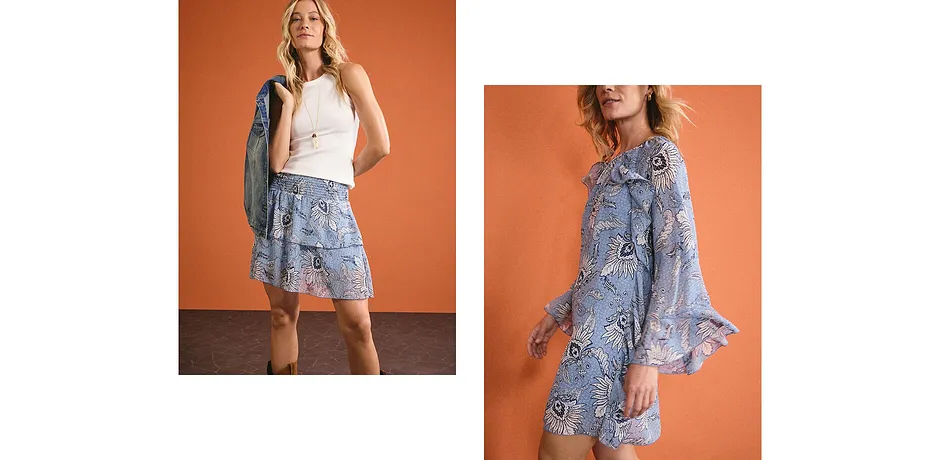 Tenue estivale avec top blanc, jupe à motifs et veste en jean. À côté : une robe d'été légère à manches évasées et motif floral dans des tons de bleu.