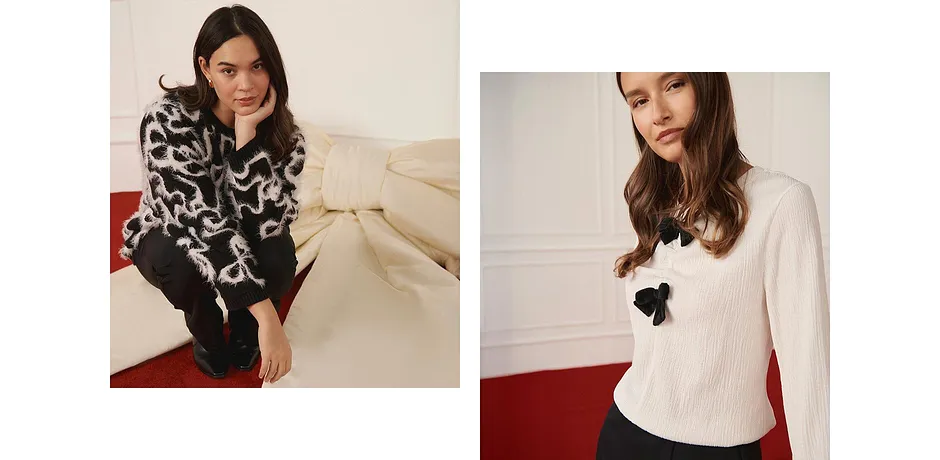 Tendance - Pull doux en jacquard, viscose mélangée - noir/écru nœuds