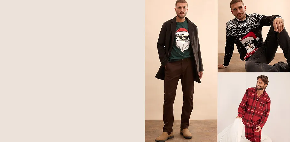 Pull de Noël à motif multicolore et jean foncé.