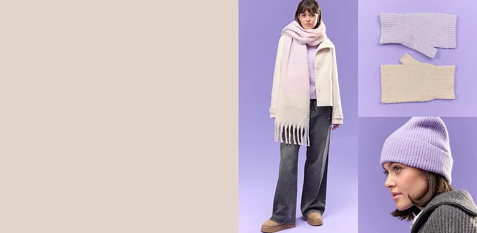 Mode hiver en teintes pastel : écharpe douillette, pull tout doux et bonnet chaud pour la saison froide.