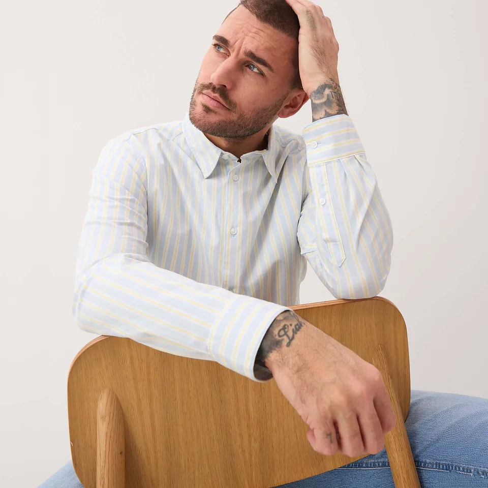 Homme - Chemise business, moderne et extensible, sans repassage - bleu poudr&eacute;/blanc/jaune clair ray&eacute;