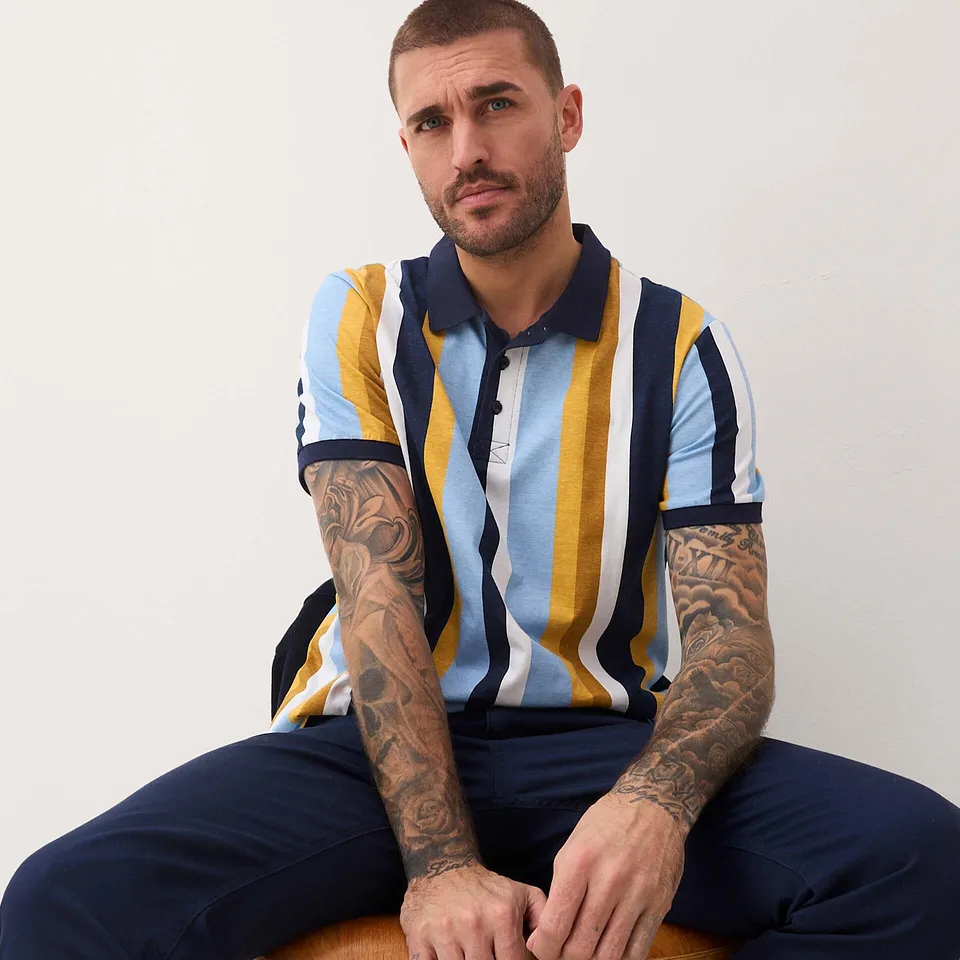 Homme - Polo 100% coton - bleu fonc&eacute;/curry ray&eacute;