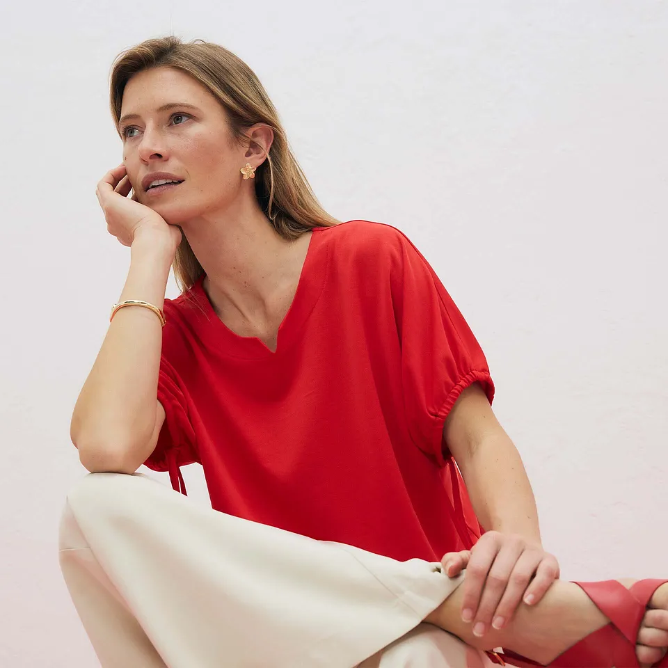 Femme - T-shirt ample en maille piqu&eacute;e robuste - fraise