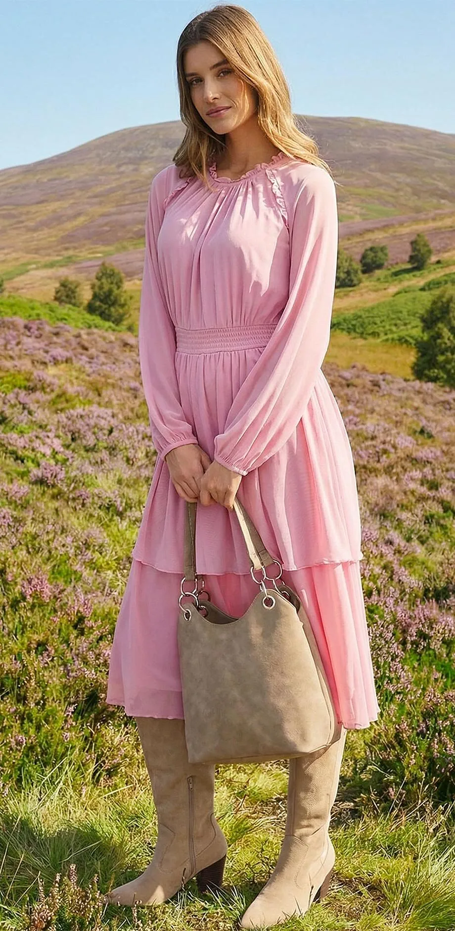 Robe en jersey rose en mesh &agrave; manches longues.